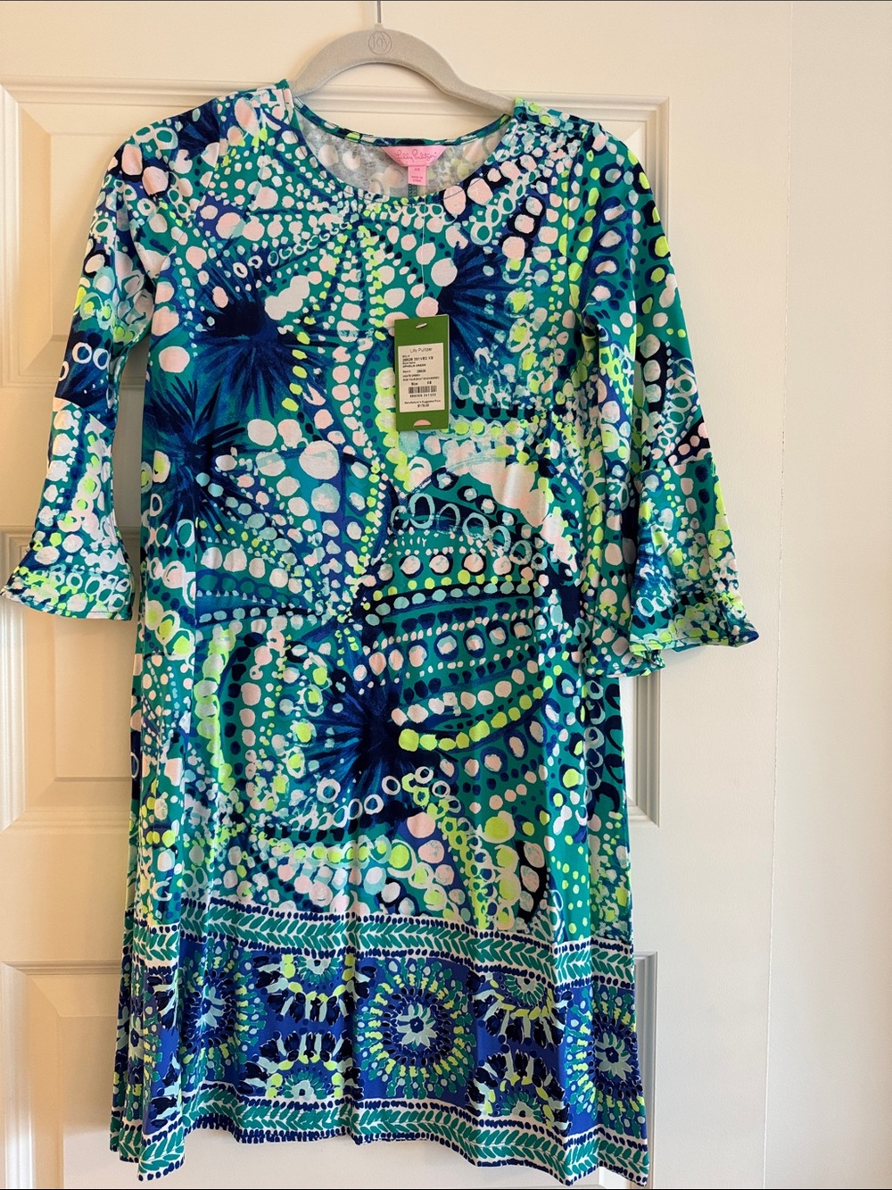 Lilly Pulitzer Agate Green Roe Your Boat mini dress w/ 3/4 bell sleeves